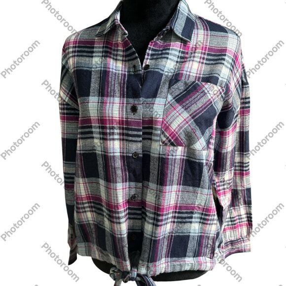 BTC Medium Blue & Purple Plaid Flannel Long Sleeve Tie Waist Button Shirt - Picture 1 of 5